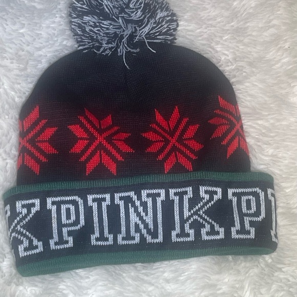 PINK Victoria's Secret Black and Pink Snowflake Beanie hat - Picture 2 of 5